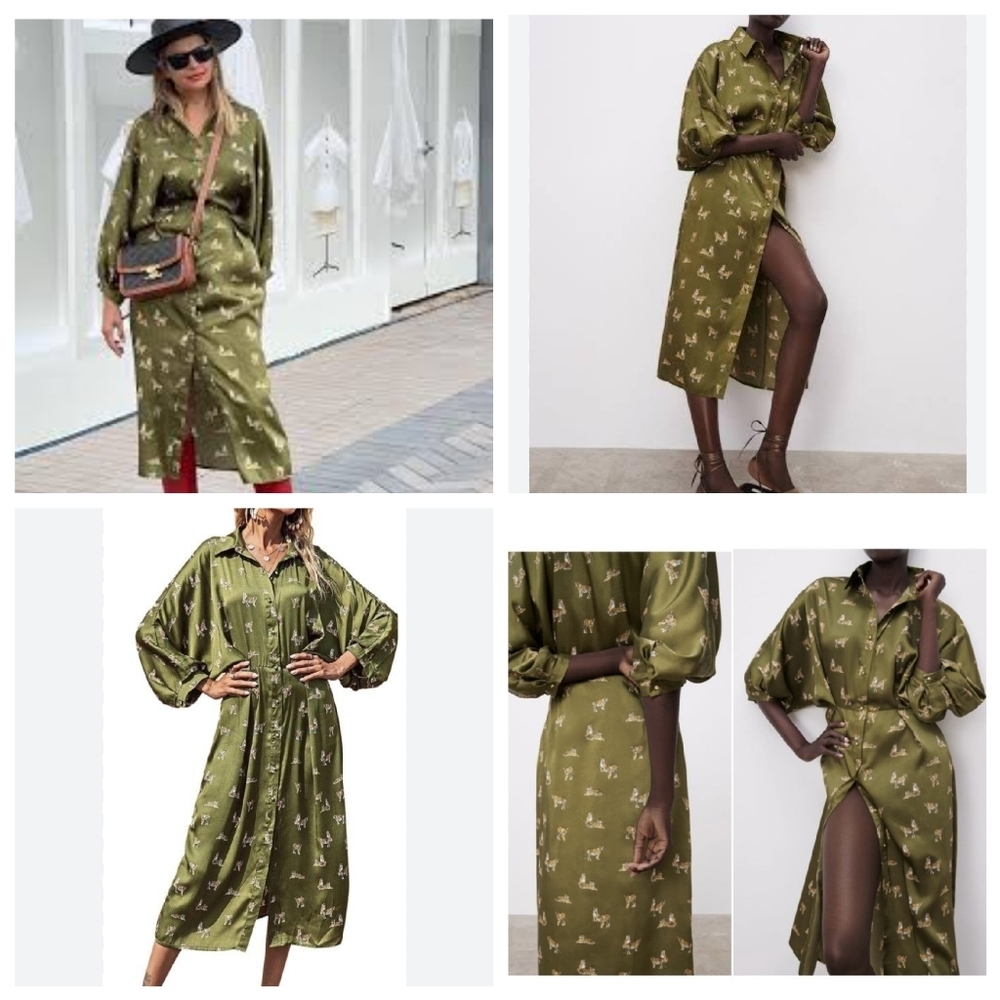 Zara Tiger Printed Green Satin Button Front Balloon Sleeve Pleated Midi Dress. M - Picture 5 of 17